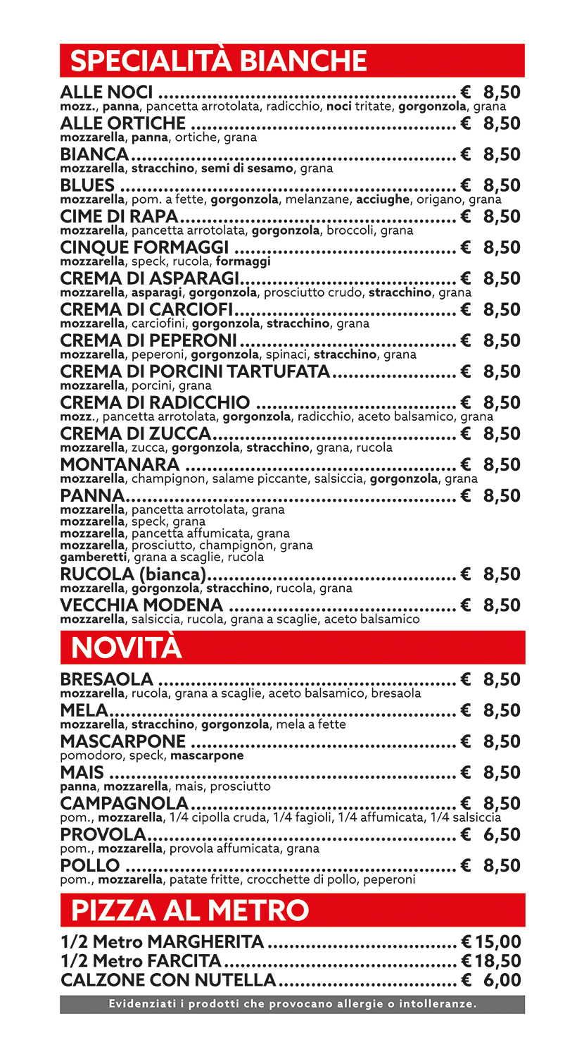 Listino pizze - Specialità Bianche e Novità